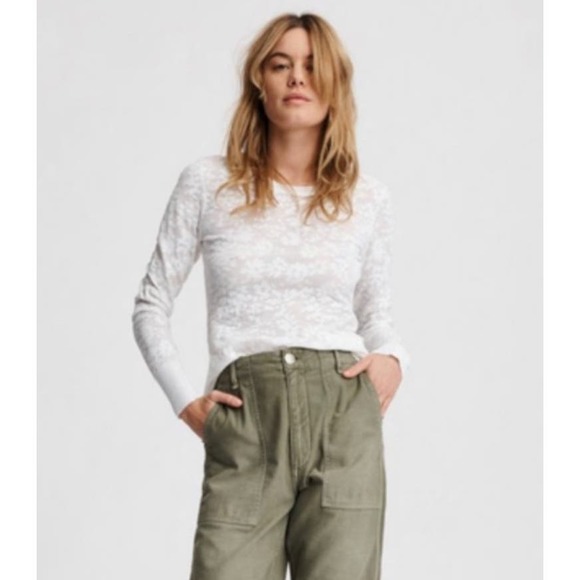 rag & bone Tops - Rag & Bone Perry Lace Top Long Sleeve Semi Sheer Floral Jacquard Sweater White